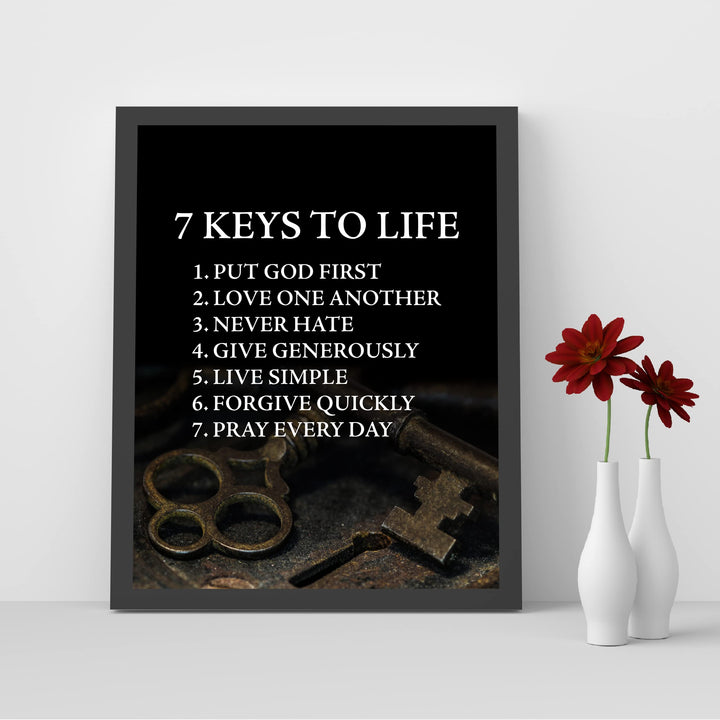 "7 Keys to Life" Inspirational Quotes Wall Sign -8 x 10" Motivational Christian Poster Print -Ready to Frame. Vintage Decor for Home-Office-Classroom-Church. Perfect Life Lessons for All!