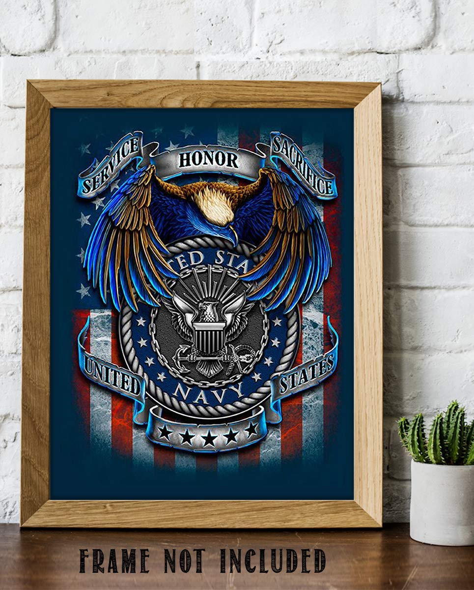 U.S. Navy Creed-SSS Poster Print- 8 x 10"- Naval Wall Art Prints-Ready To Frame-"Service-Honor-Sacrifice" Beliefs with Eagle &amp; Flag. Home-Office-Military Decor. Great Gift for Your Sailors!