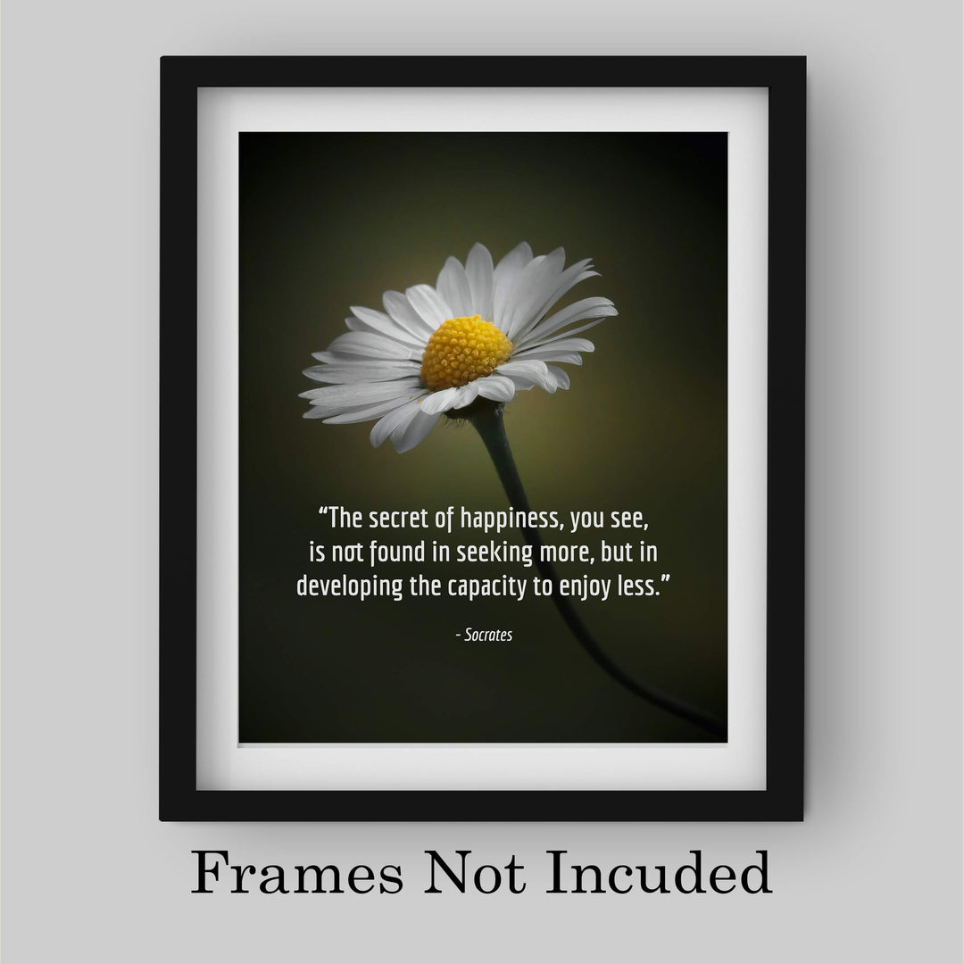 Socrates Quotes Wall Art-"Secret To Happiness-Developing Capacity to Enjoy Less" -8 x 10" Motivational Wall Print-Ready to Frame. Modern Typographic Design. Inspirational Home-Office-School Decor.