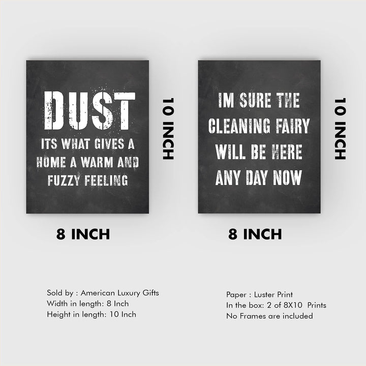 Cleaning Fairy -Set of (2)-8x10" Funny Wall Art Prints-"Dust-Gives Home Warm Fuzzy Feeling" Humorous House Cleaning Prints-Ready to Frame. Home-Office-Guest-Cabin Decor. Fun Housewarming Gift!