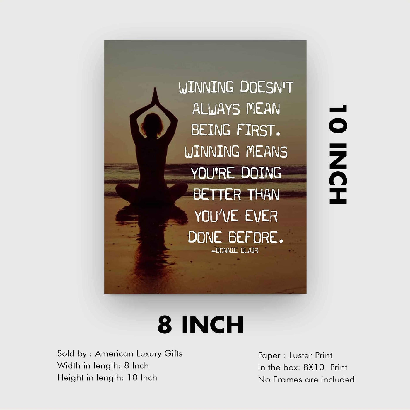 Winning Doesn't Always Mean Being First Inspirational Quotes Wall Art. -8 x 10" Beach Sunset Print with Yoga Pose-Ready to Frame. Motivational Wall Decor for Home, Office & Studio. Great Zen Gift!