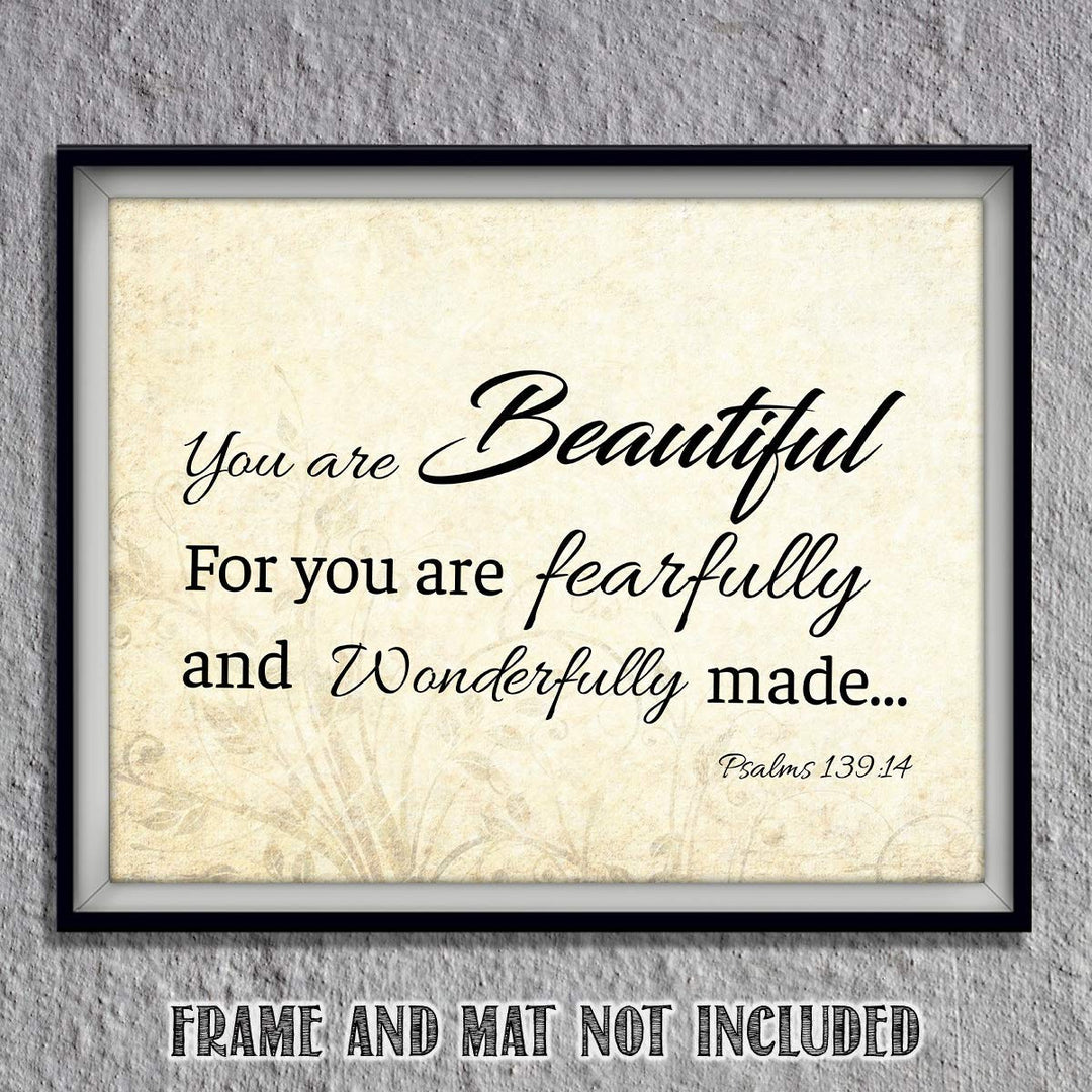 You are Beautiful. Fearfully &amp; Wonderfully Made-Psalm 139:14- Bible Verse Wall Art. 10 x 8"-Scripture Wall Print-Ready to Frame. Modern Typographic Floral Design. Home-Office D?cor. Christian Gifts.