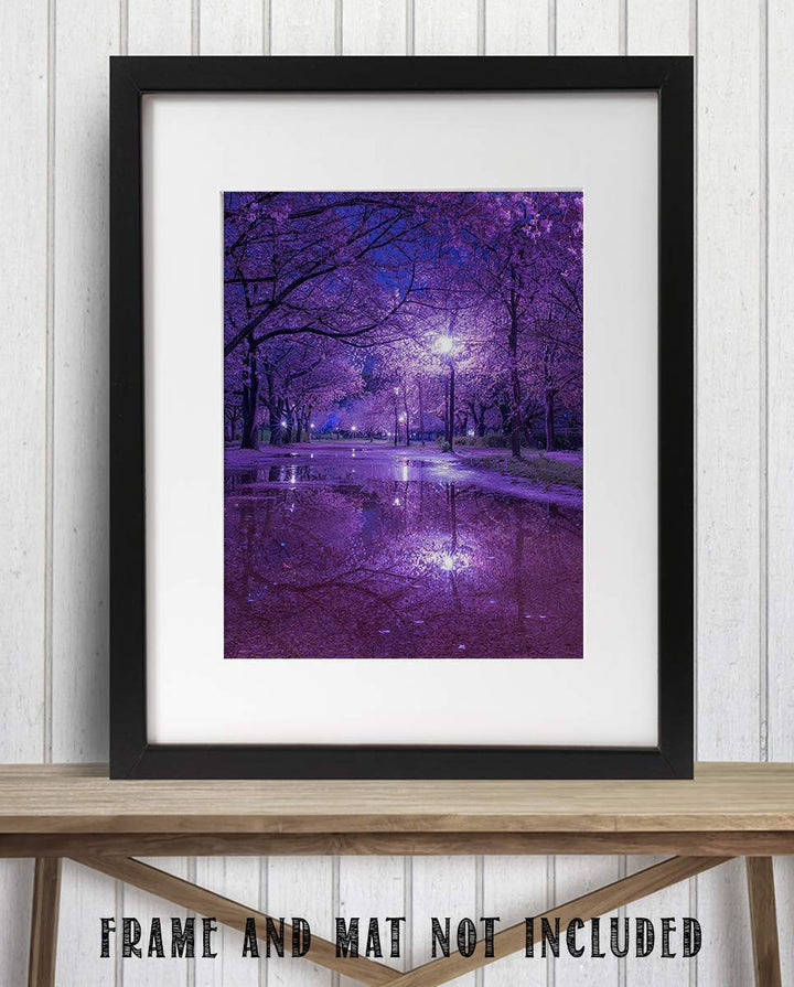 Purple Blossoms Rainy Reflections By Street Light - 8 x 10" Print Wall Art- Ready to Frame. Home D?cor, Office D?cor &amp; Wall Print. Rainy Night Reflections Makes Great Gift for Purple Flower Lovers.