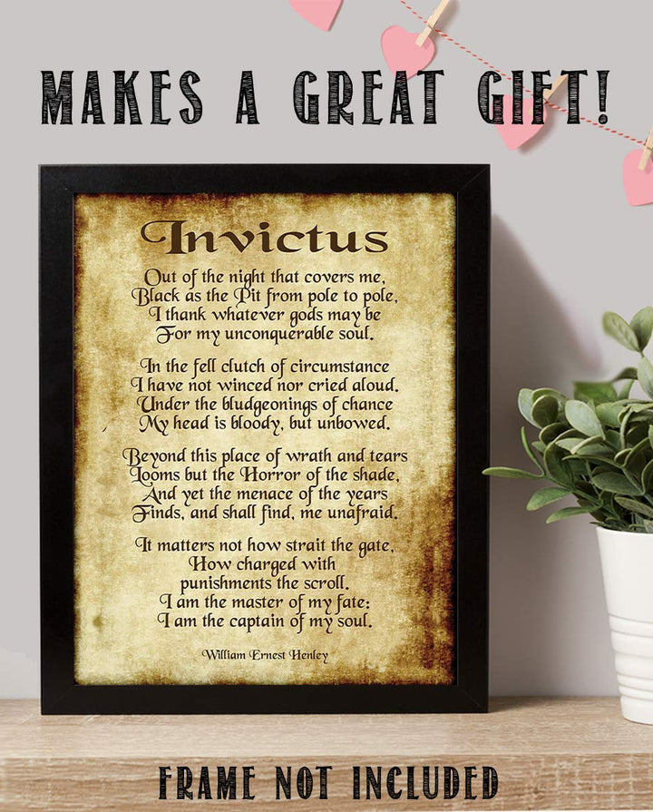 Invictus by William Henley-Poetry Wall Art- 8 x 10" Wall Print Decor. Scripted Font Poem on Replica Distressed Parchment Print-Ready To Frame. Home-Bedroom-Office Decor. Great Gift for Poetry Fans!