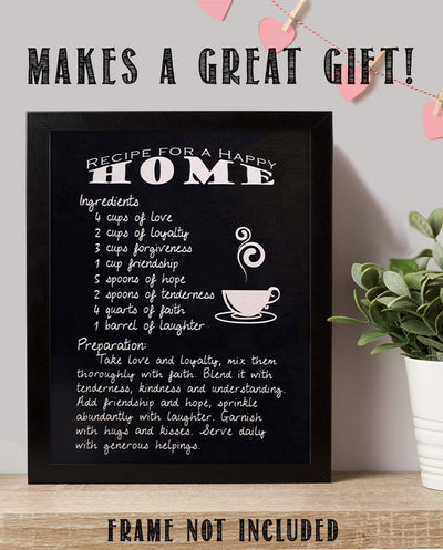 Recipe For Happy Home- Family Wall Art Sign- 8 x 10"- Replica Sign Print- Ready to Frame. Fun Home-Kitchen-Family Room Decor. Mix All the Ingredients-Love-Faith-Laughter. Perfect Housewarming Gift.