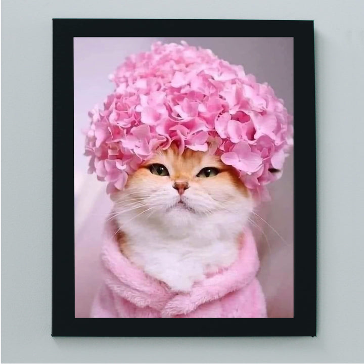 Cute Kitty Flower Hat 8 x 10"s Print Wall Art- Ready to Frame- Home Decor, Bedroom &amp; Modern Wall Prints for Animal &amp; Feline Theme Wall Decor. Fun Print. Great Gift For Cat Lovers.
