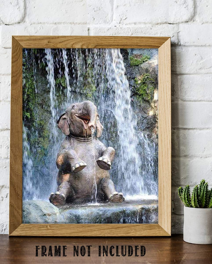 Young Elephant Laughing in Waterfall- 8 x 10" Print Wall Art- Ready to Frame- Home D?cor, Nursery D?cor &amp; Wall Prints for Animal Themes &amp; Children&