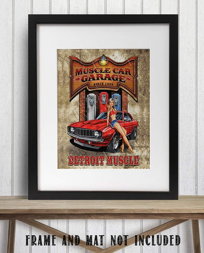 Muscle Car Garage- Detroit Muscle Funny Vintage Garage Sign Print- 8x10 Retro Wall Decor- Ready To Frame. Rustic Sign Replica Print. Great Mens Gift-Office Decor. Great for Man Cave-Garage-Mechanics