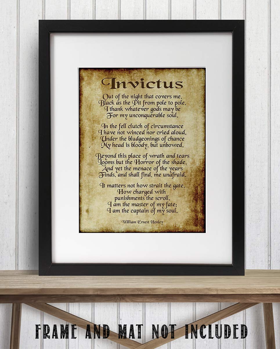Invictus by William Henley-Poetry Wall Art- 8 x 10" Wall Print Decor. Scripted Font Poem on Replica Distressed Parchment Print-Ready To Frame. Home-Bedroom-Office Decor. Great Gift for Poetry Fans!
