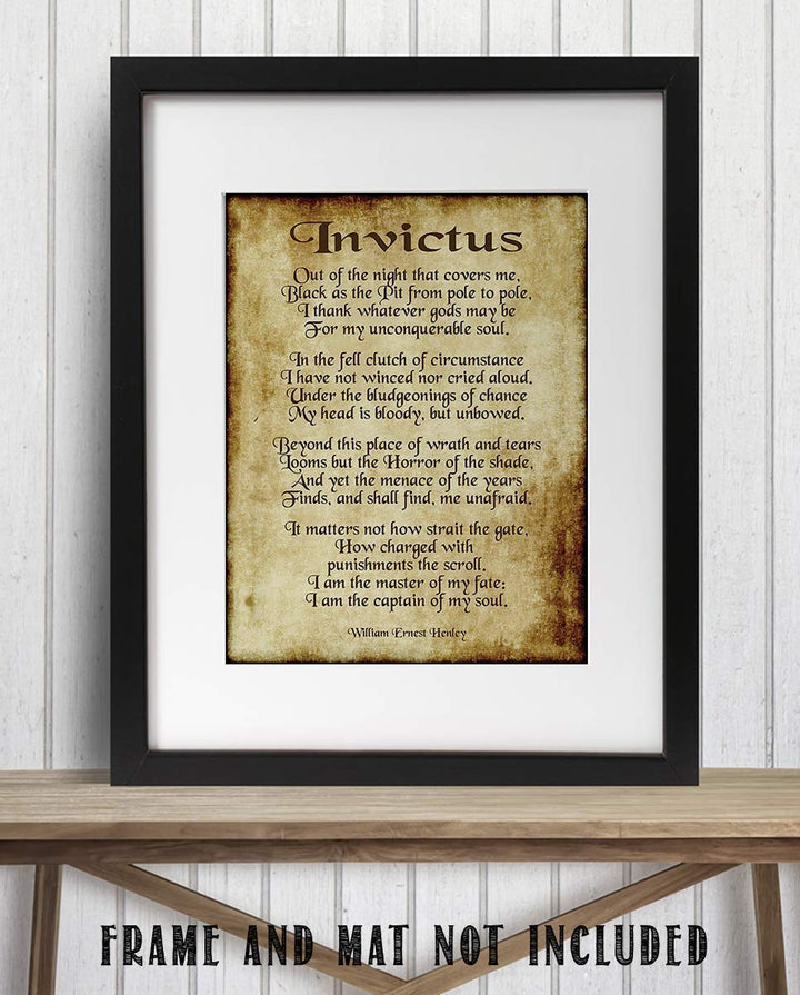 Invictus by William Henley-Poetry Wall Art- 8 x 10" Wall Print Decor. Scripted Font Poem on Replica Distressed Parchment Print-Ready To Frame. Home-Bedroom-Office Decor. Great Gift for Poetry Fans!