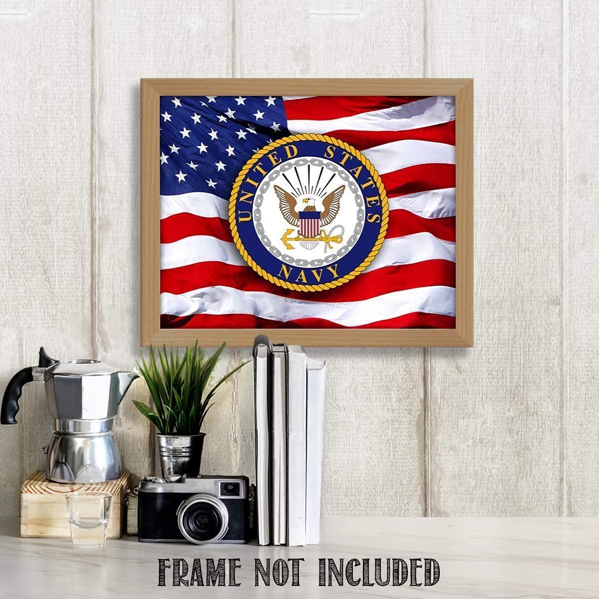 US Navy Emblem on USA Flag- 8 x 10"- Wall Art Prints- Ready To Frame- Official Navy Seal and Old Glory Proudly Waving-Replica Poster Prints. Home-Office-Military Decor. Display Your Pride & Respect.