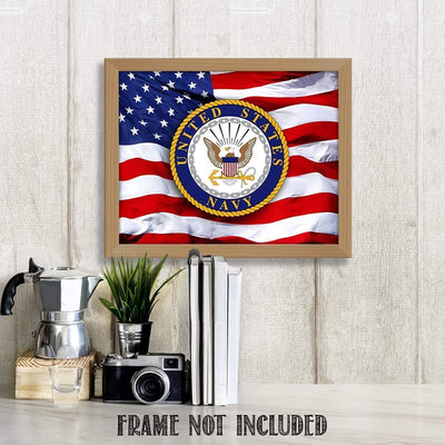 US Navy Emblem on USA Flag- 8 x 10"- Wall Art Prints- Ready To Frame- Official Navy Seal and Old Glory Proudly Waving-Replica Poster Prints. Home-Office-Military Decor. Display Your Pride & Respect.