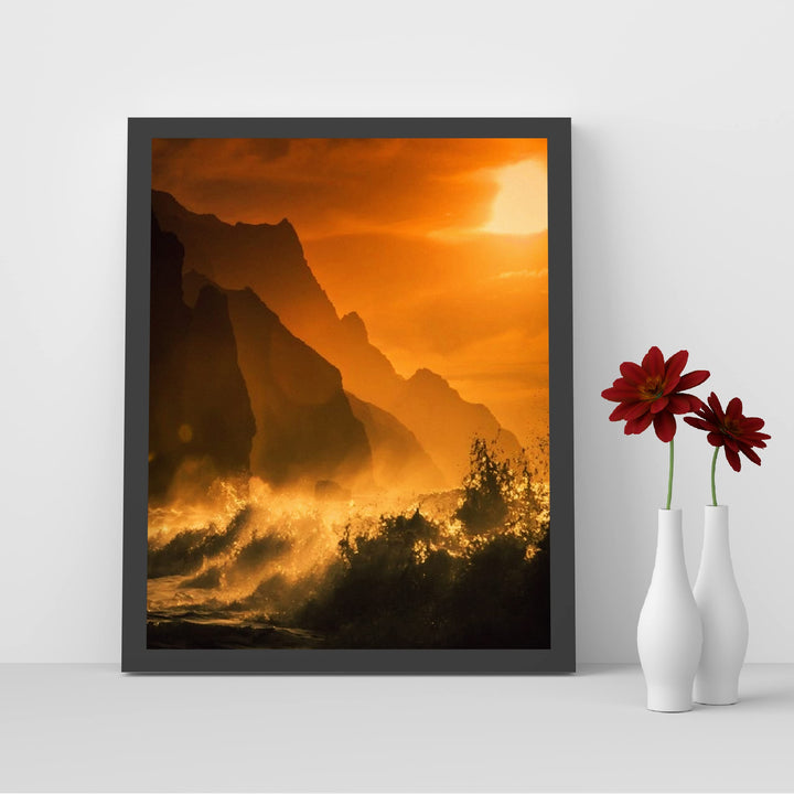 Sunset Beach with Waves Inspirational Ocean Wall Art -8 x 10" Beach &amp; Coastal Picture Print -Splashing Waves in the Sunset -Ready to Frame. Perfect Home-Bedroom-Office-Studio-Beach House Decor.