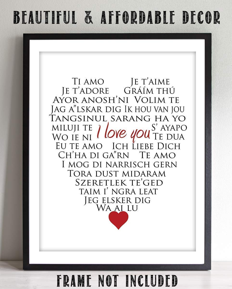 I Love You In Many Languages- Heart Word Art- 8 x10" Wall Art Print- Ready To Frame. Perfect Spouse-Partner Gift. Home Decor- Office Decor. Give a Lasting Gift &amp; Constant Reminder of Your Love.