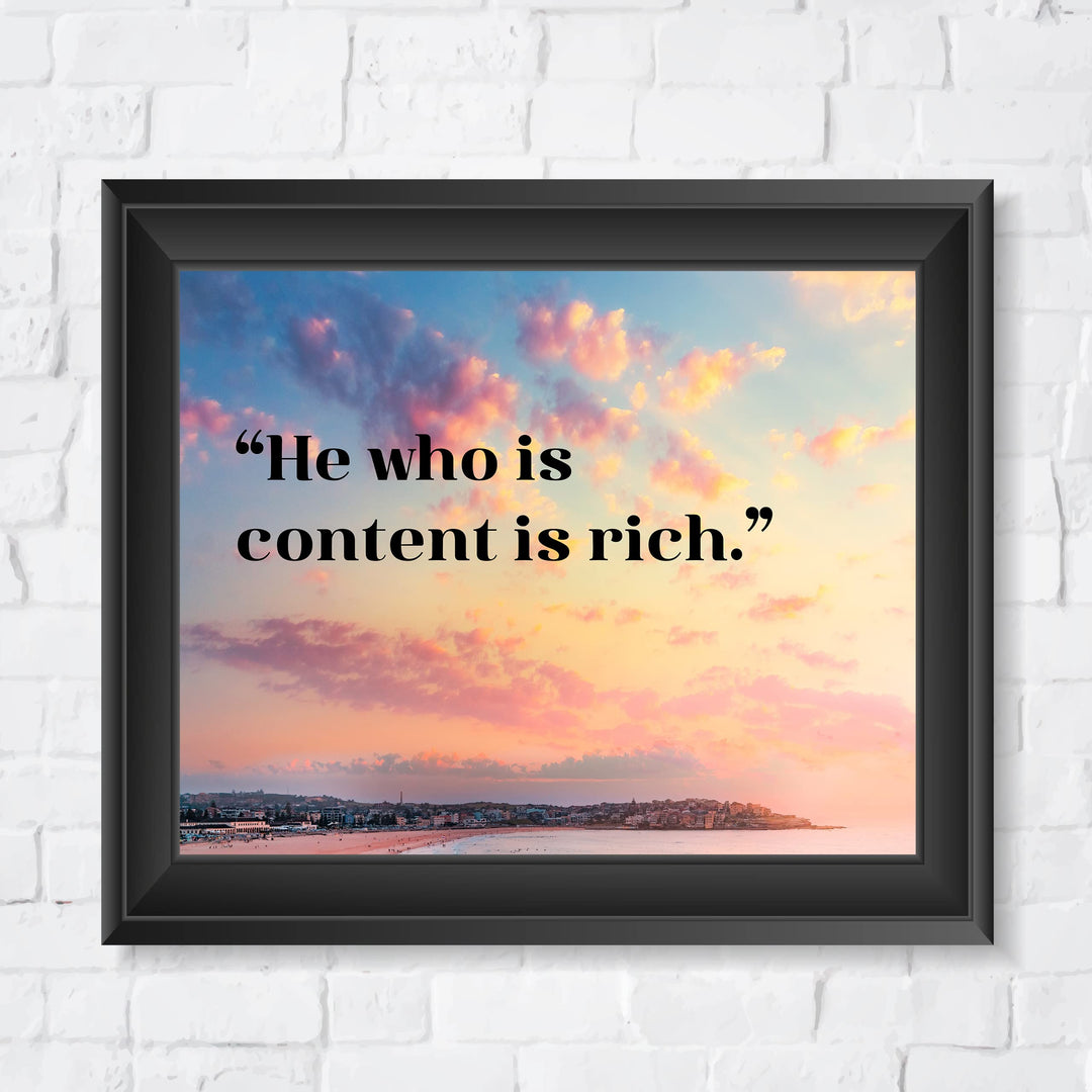 He Who Is Content Is Rich- Inspirational Quotes Wall Art -10 x 8"- Beach Sunset Picture Print -Ready to Frame. Spiritual Decor for Home-Office-School-Ocean Themes. Great Reminder to Be Grateful!