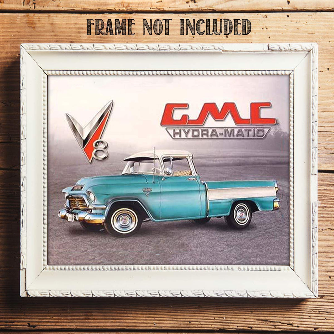 GMC Hydramatic Truck Sign Print- 8 x10" Wall Decor Image- Ready To Frame. Retro Sign Replica. Gifts for Men-Home Decor-Office Decor. Perfect for Man Cave-Game Room-Garage.