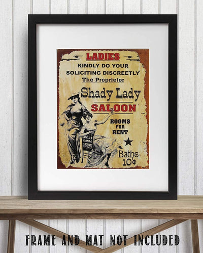 Shady Lady Saloon Vintage Sign Wall Art- 8 x 10"- Distressed Sign Replica Print-Ready to Frame."Ladies Solicit Discreetly"- Humorous Retro Decor- Great for Man Cave-Dorm-Bar-Garage.