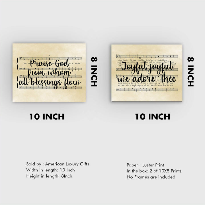 Praise Hymns- Sheet Music Wall Decor Set (2)- 10 x 8" Wall Art Print. Doxology &amp; Hymn to Joy Lyrics-Parchment Prints-Ready To Frame. Home-Office-Studio-Church Decor. Perfect Gift of Classic Hymns.