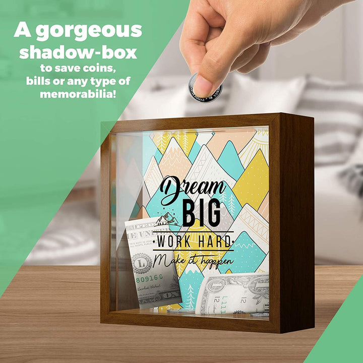 Dream Big Work Hard Motivational Gift Shadow Box Wall Decor -6x6x2" Wooden Themed Display Case - Keepsake Piggy Bank Gift for Home, Office, Bedroom Decor -Fun &amp; Unique Gift for Friends &amp; Family!