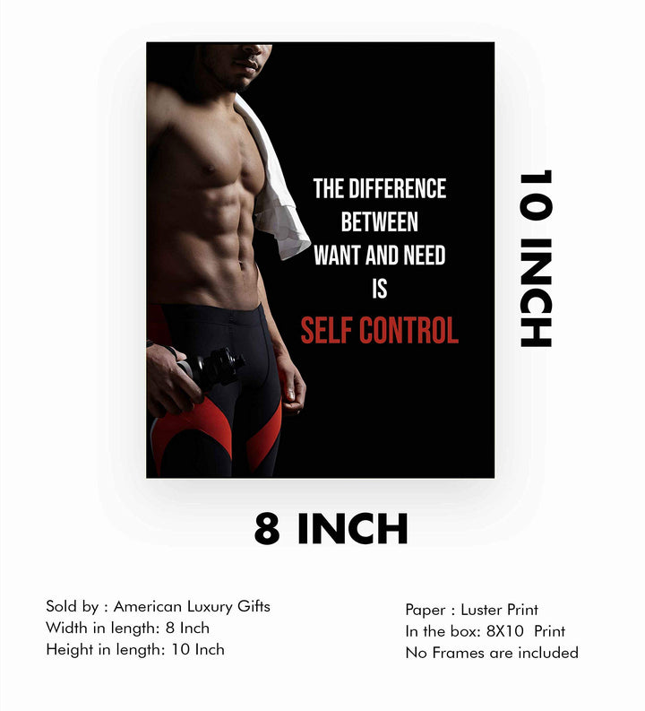 Self Control-Difference Between Want &amp; Need- Motivational Fitness Sign- 8 x 10" Wall Art- Ready to Frame. Inspirational Exercise Print for Home-Office-Gym-Studio Decor. Great Gift of Motivation!