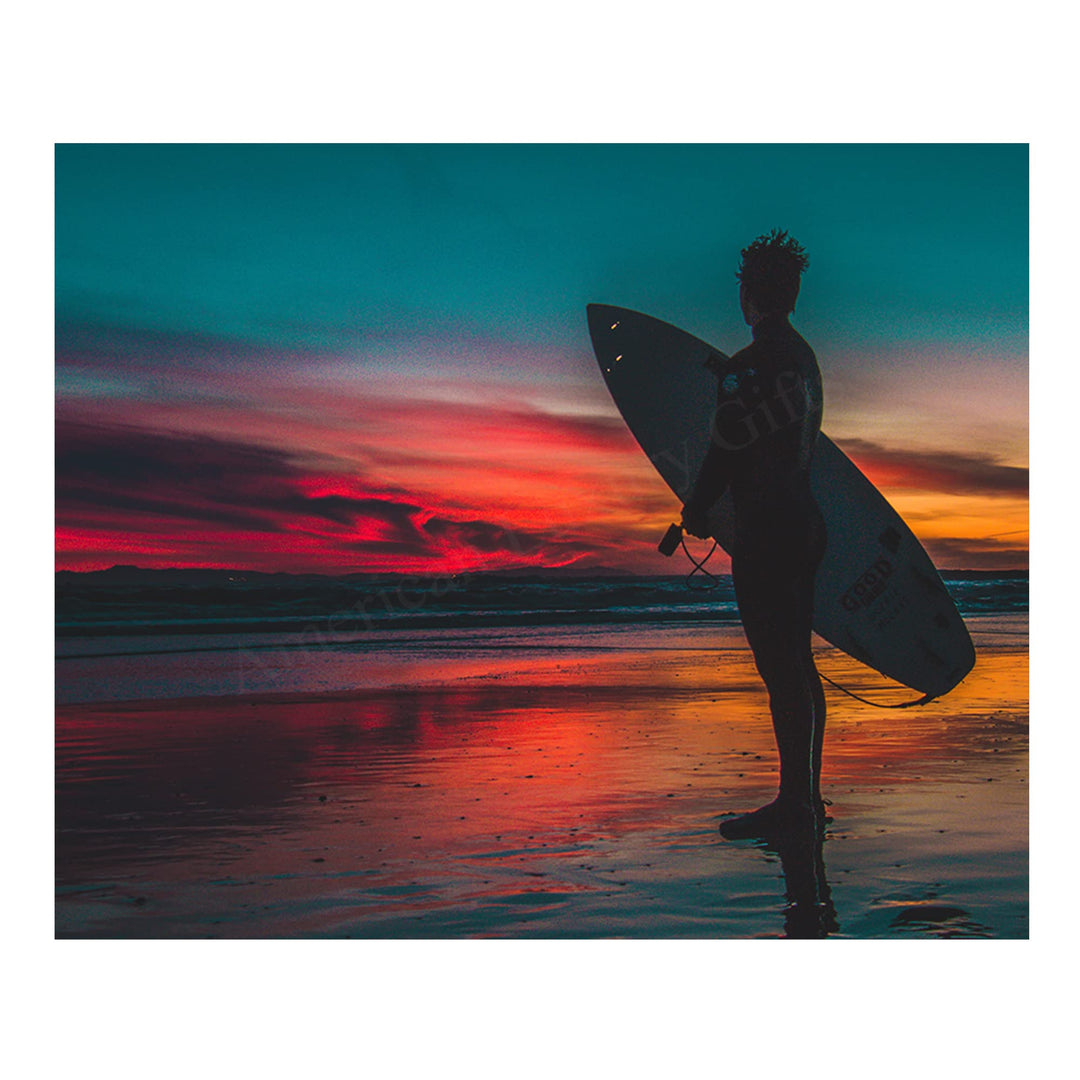 Works of Art Waves with Sunset Surfer-4 Picture Set of 8 x 10?s- Art Image Print Ready to Frame. Modern Home D?cor, Office D?cor &amp; Wall Prints for Beach, Ocean and Surfing Themes. Makes a Perfect Gift