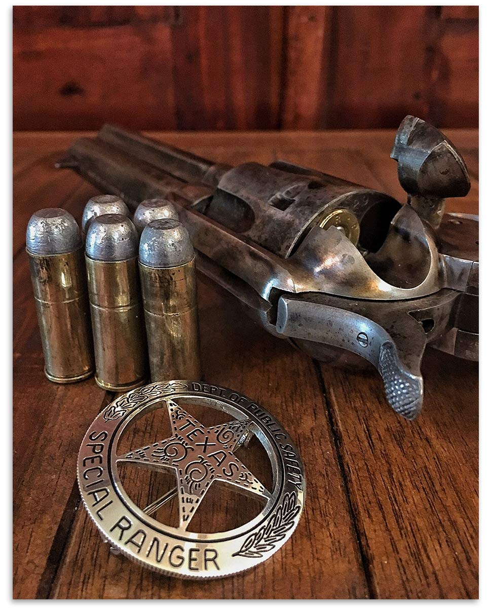 Texas Ranger Badge, Bullets &amp; Revolver- Western Photo Print- 8 x 10" Wall Art-Ready to Frame. Retro Western Decor for Home-Office-Garage-Man Cave-Bar. Perfect Collectible for Lawmen &amp; Outlaws.