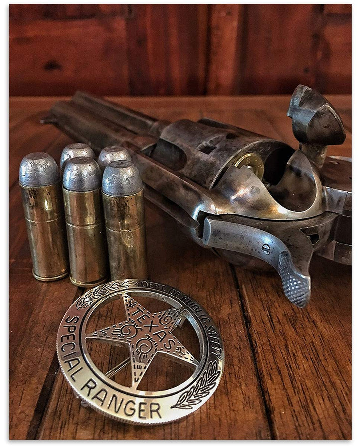Texas Ranger Badge, Bullets &amp; Revolver- Western Photo Print- 8 x 10" Wall Art-Ready to Frame. Retro Western Decor for Home-Office-Garage-Man Cave-Bar. Perfect Collectible for Lawmen &amp; Outlaws.