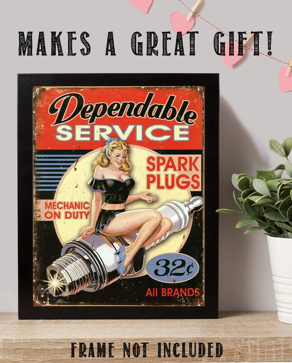 Dependable Service-Spark Plugs-32?- Vintage Garage Sign Print-8 x10" Retro Wall Decor-Ready To Frame. Distressed Sign Replica Print. Great Mens Gift Home-Office Decor. Great for Man Cave-Shop.
