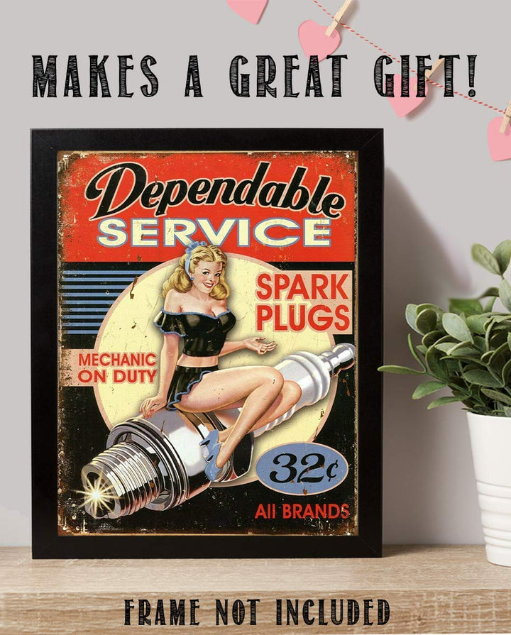 Dependable Service-Spark Plugs-32?- Vintage Garage Sign Print-8 x10" Retro Wall Decor-Ready To Frame. Distressed Sign Replica Print. Great Mens Gift Home-Office Decor. Great for Man Cave-Shop.