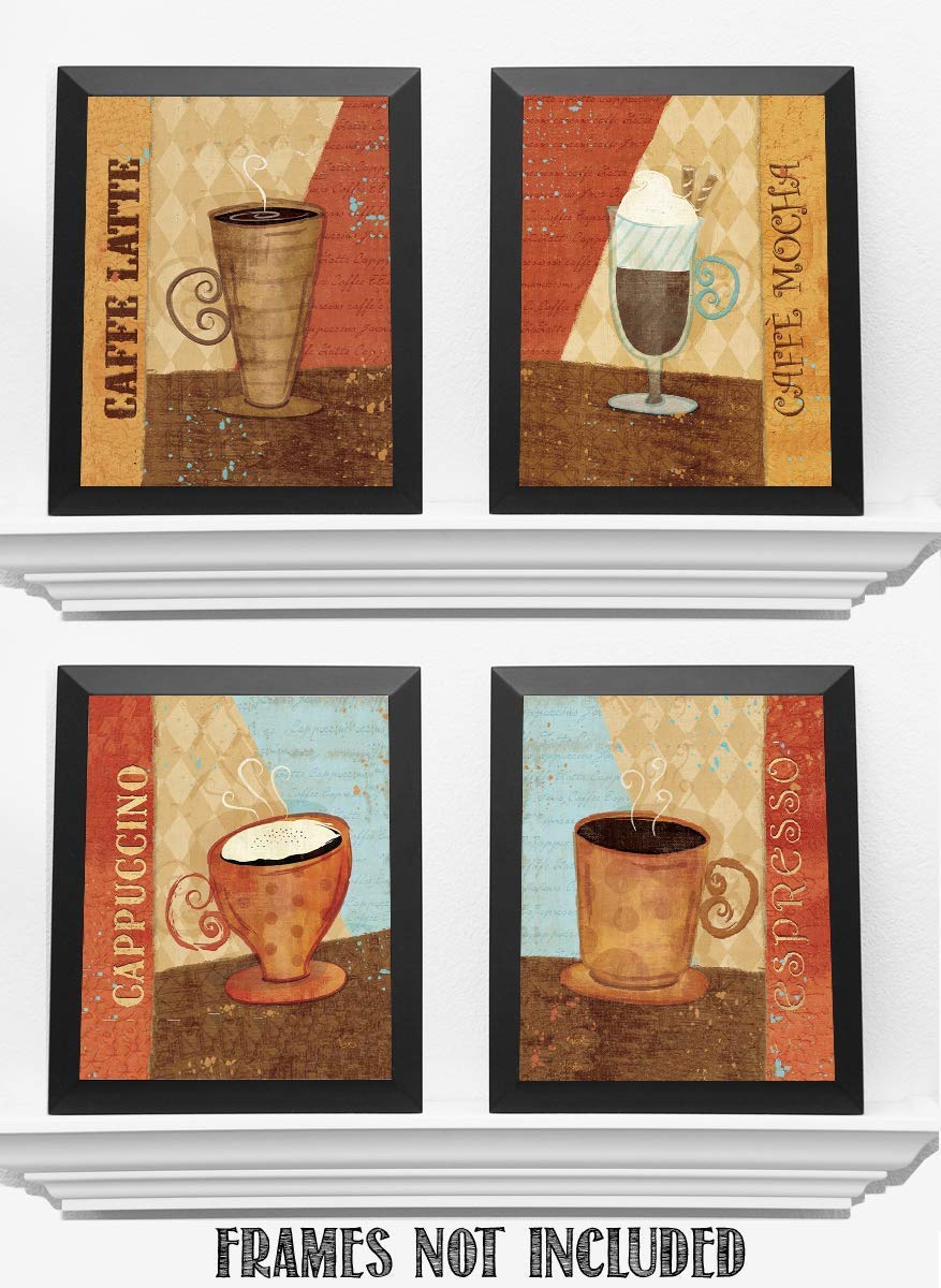 Coffee Fine Art Wall Set of (4)- 8 x 10"s Wall Art Prints- Ready to Frame. Latte, Espresso, Cappuccino &amp; Mocha Home D?cor, Coffee Decor &amp; Kitchen Wall Decor. Perfect For Coffee Lovers &amp; Coffee Bars.