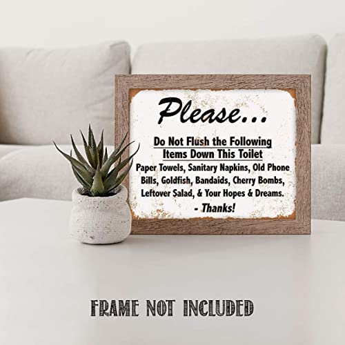 "Do Not Flush Down Toilet-Napkins, Bombs, Hope &amp; Dreams"- Funny Vintage Bathroom Sign- 8 x 10"