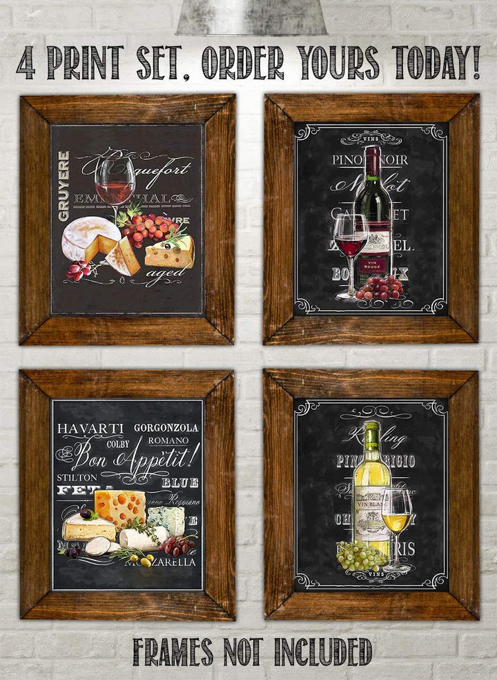 Wine &amp; Cheese Varieties Chalkboard Replica Prints Set (4)- 8 x 10"s Wall Art Prints-Ready to Frame. Home D?cor, Wine Decor &amp; Dining Wall Decor. Perfect For Wine Lovers &amp; Upscale Bars. Classy Addition!