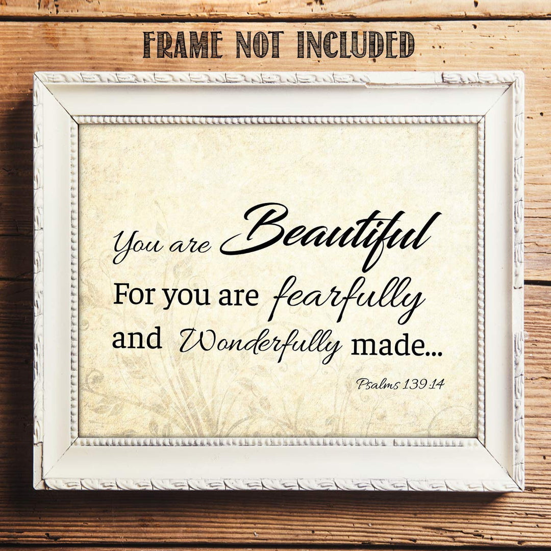 You are Beautiful. Fearfully &amp; Wonderfully Made-Psalm 139:14- Bible Verse Wall Art. 10 x 8"-Scripture Wall Print-Ready to Frame. Modern Typographic Floral Design. Home-Office D?cor. Christian Gifts.