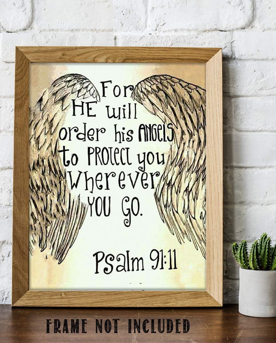 "His Angels Will Protect You, Wherever You Go"-Psalm 91:11 Bible Verse Wall Print-8x10