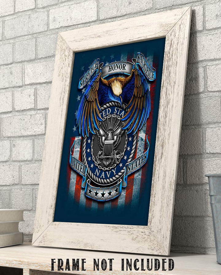 U.S. Navy Creed-SSS Poster Print- 8 x 10"- Naval Wall Art Prints-Ready To Frame-"Service-Honor-Sacrifice" Beliefs with Eagle &amp; Flag. Home-Office-Military Decor. Great Gift for Your Sailors!
