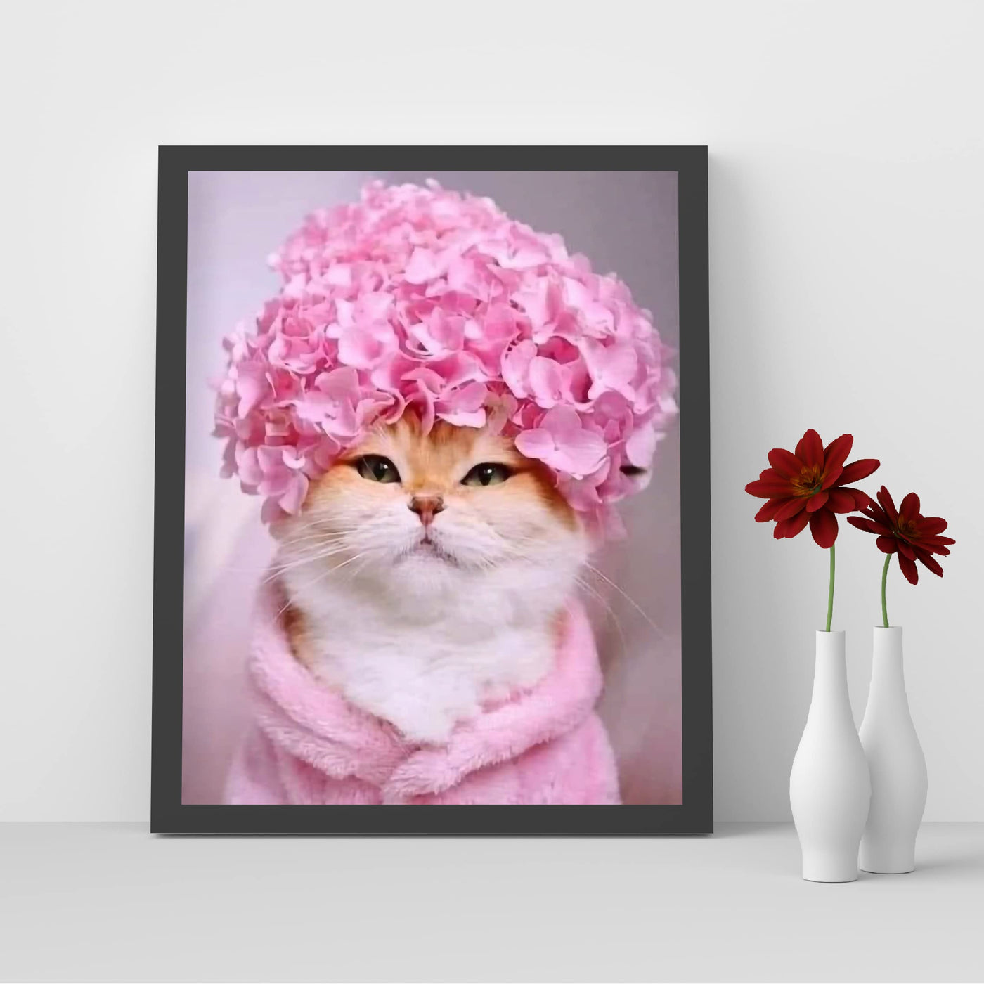 Cute Kitty Flower Hat 8 x 10"s Print Wall Art- Ready to Frame- Home Decor, Bedroom & Modern Wall Prints for Animal & Feline Theme Wall Decor. Fun Print. Great Gift For Cat Lovers.