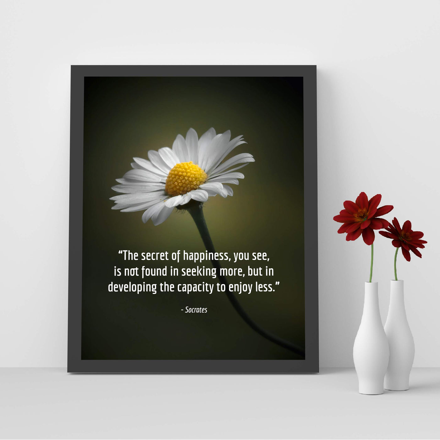 Socrates Quotes Wall Art-"Secret To Happiness-Developing Capacity to Enjoy Less" -8 x 10" Motivational Wall Print-Ready to Frame. Modern Typographic Design. Inspirational Home-Office-School Decor.