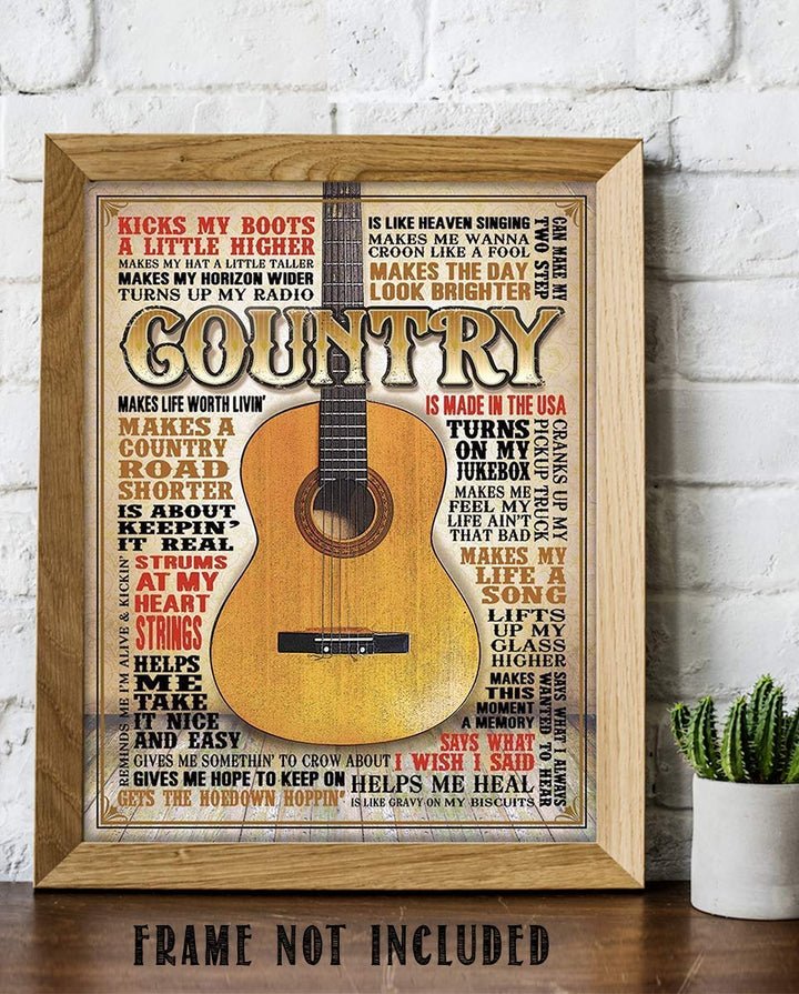 Country Music- Guitar Quotes Wall Art- 8 x 10 Funny Wall Print- Ready To Frame- Typography Print of Fun Country Music Sayings. Home Decor- Bar- Man Cave Decor. Perfect for All Country Music Fans.