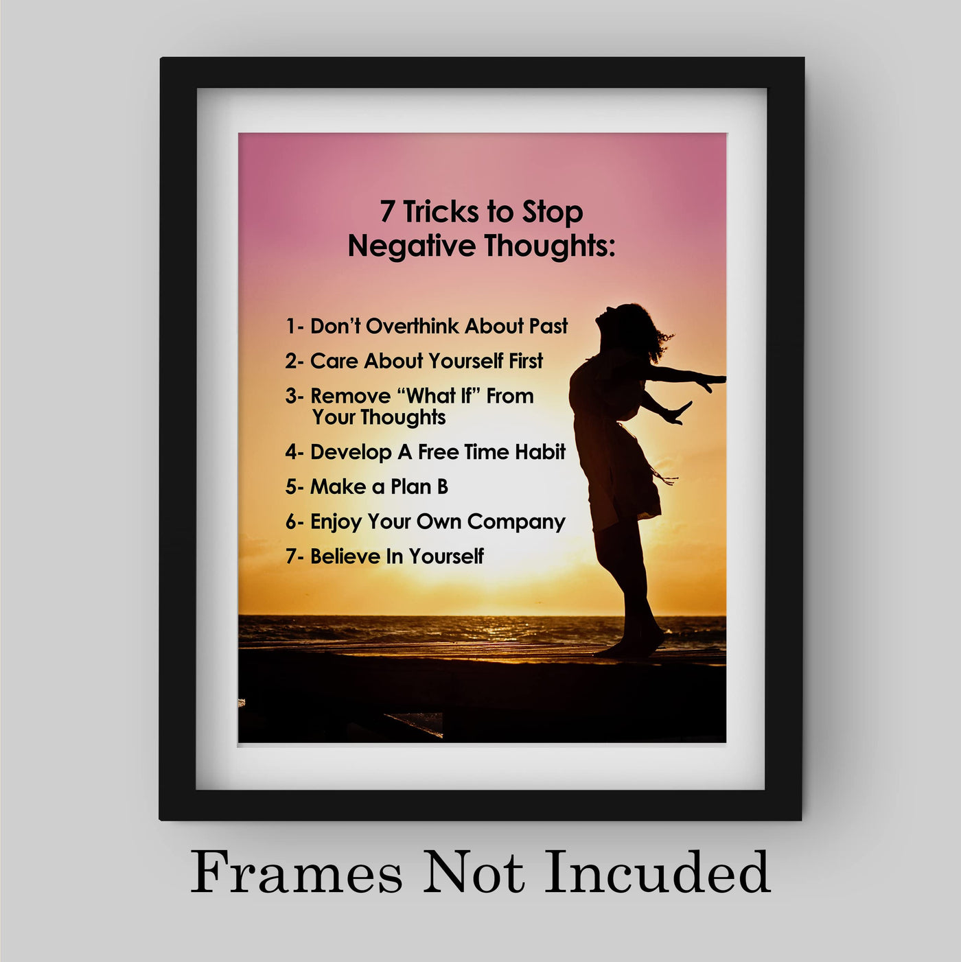 7 Tricks to Stop Negative Thoughts Motivational Quotes Wall Art -8x10" Beach Sunset Picture Print -Ready to Frame. Inspirational Home-Office-School-Teens Decor. Positive Gift for Motivation!