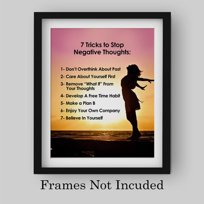 7 Tricks to Stop Negative Thoughts Motivational Quotes Wall Art -8x10" Beach Sunset Picture Print -Ready to Frame. Inspirational Home-Office-School-Teens Decor. Positive Gift for Motivation!