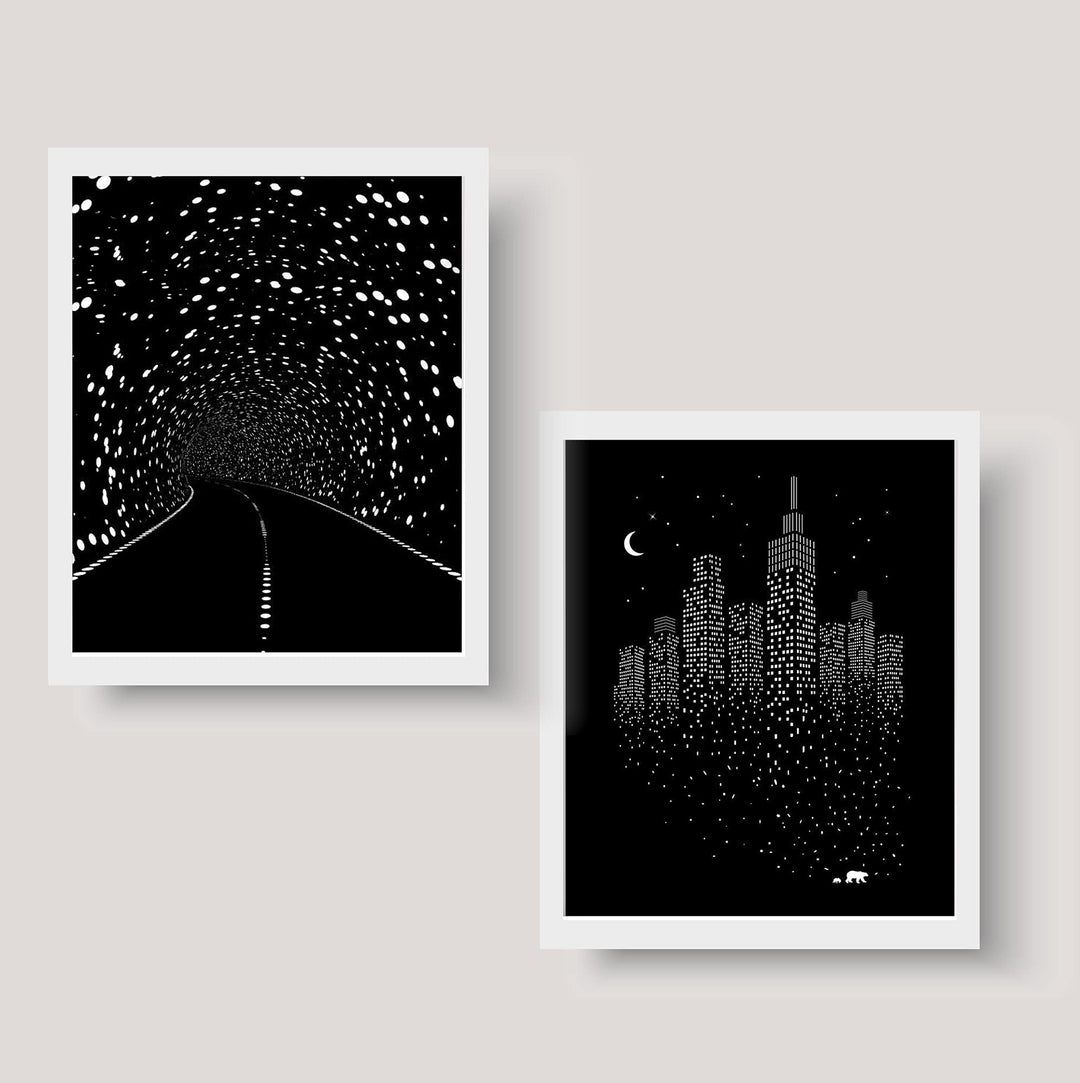Illusive Road to Minimal City- Optical Illusion Prints Set (2) 8 x 10"- Abstract Wall Art-Ready to Frame. Modern Home-Studio-Office-Dorm D?cor. Very Cool Gift for Illusion Art Fans.