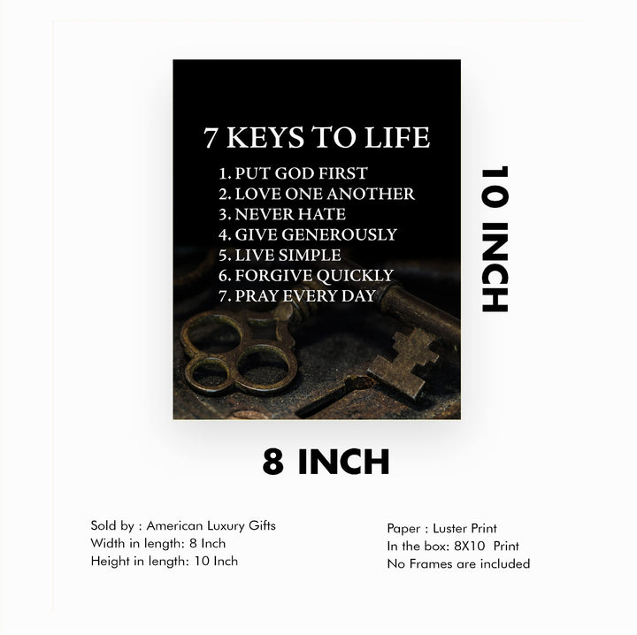 "7 Keys to Life" Inspirational Quotes Wall Sign -8 x 10" Motivational Christian Poster Print -Ready to Frame. Vintage Decor for Home-Office-Classroom-Church. Perfect Life Lessons for All!