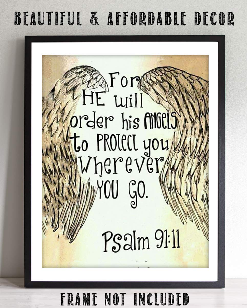 "His Angels Will Protect You, Wherever You Go"-Psalm 91:11 Bible Verse Wall Print-8x10