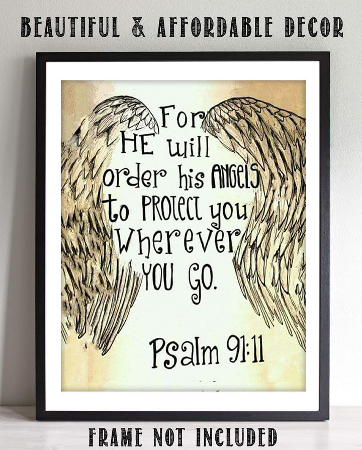 "His Angels Will Protect You, Wherever You Go"-Psalm 91:11 Bible Verse Wall Print-8x10