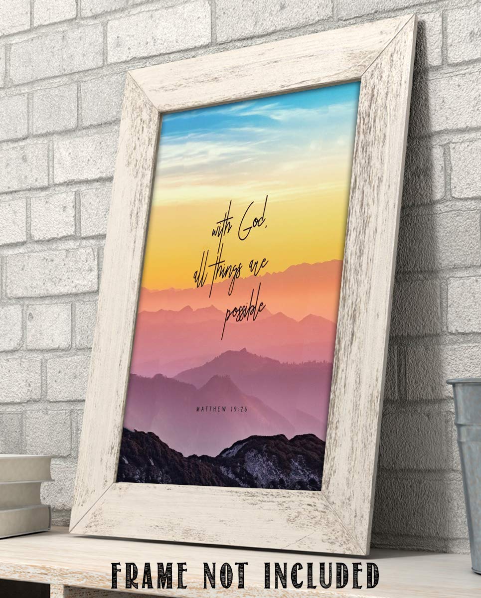 With God, All Things Are Possible- Matthew 19:26. Bible Verse Wall Art- 8x10" Colorful Mountain Range Image-Ready to Frame. Scripture Wall Decor for Home-Office. Great Gift-Inspirational Art Verse.