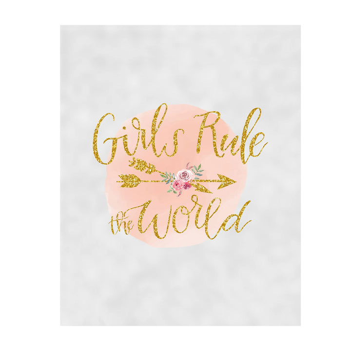 Girls Rule The World- 8 x 10"- Inspirational Wall Art- Ready to Frame. Gold Glitter-Floral Design Print- Home-Bedroom-Office D?cor. Perfect Fun Gift To Encourage Girls, Young Ladies &amp; Teens.