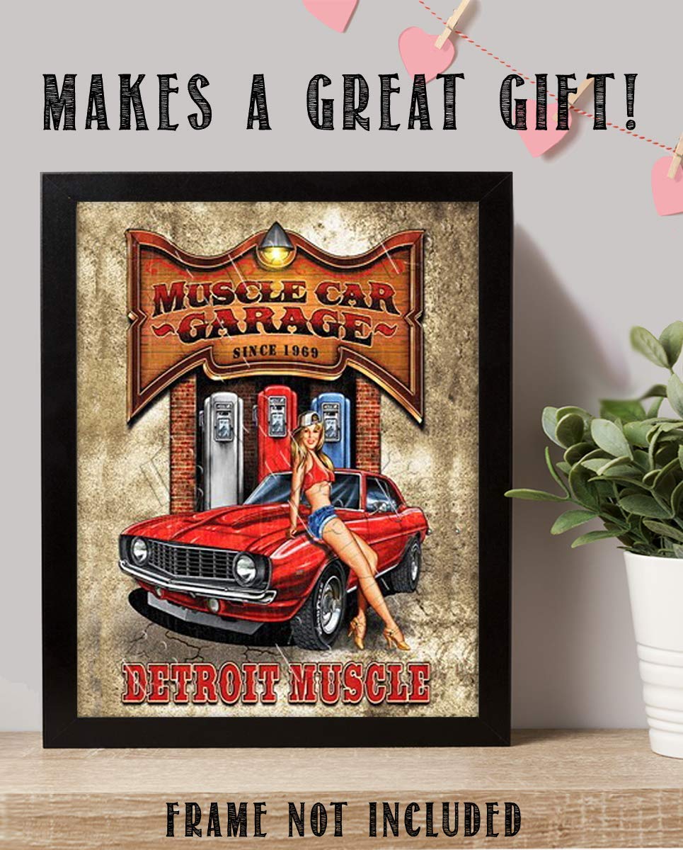 Muscle Car Garage- Detroit Muscle Funny Vintage Garage Sign Print- 8x10 Retro Wall Decor- Ready To Frame. Rustic Sign Replica Print. Great Mens Gift-Office Decor. Great for Man Cave-Garage-Mechanics