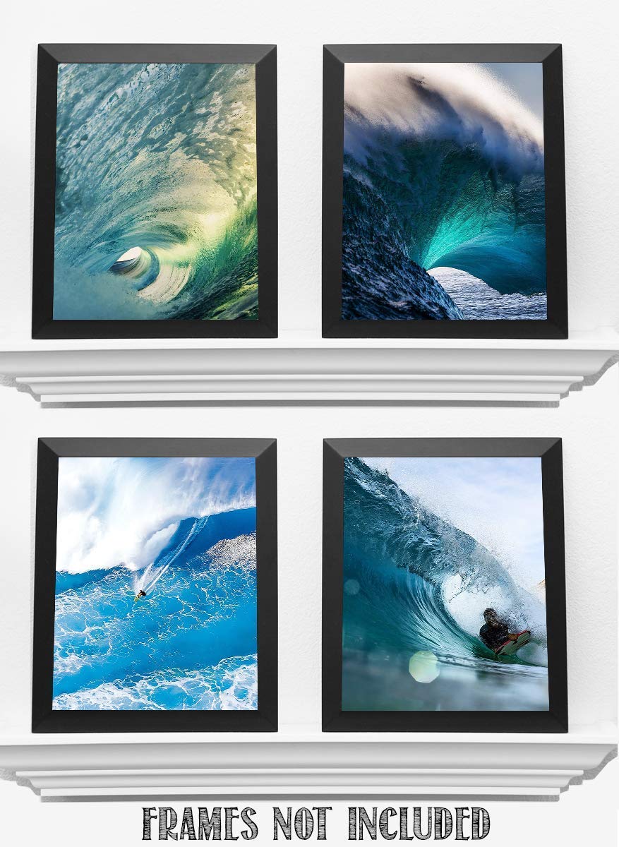 Surfing Lovers Monster Wave Set- 4 Piece Art Image Set of 8 x 10 Prints Ready to Frame. Modern Home D?cor, Office D?cor &amp; Wall Prints for Beach, Ocean and Surfing Themed Decor. Makes a Perfect Gift!