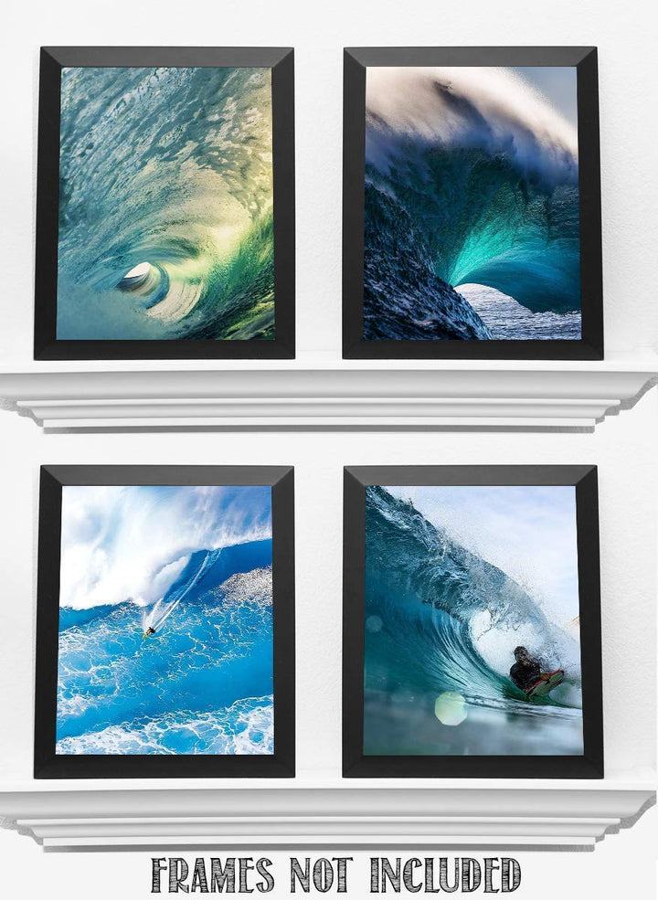 Surfing Lovers Monster Wave Set- 4 Piece Art Image Set of 8 x 10 Prints Ready to Frame. Modern Home D?cor, Office D?cor &amp; Wall Prints for Beach, Ocean and Surfing Themed Decor. Makes a Perfect Gift!