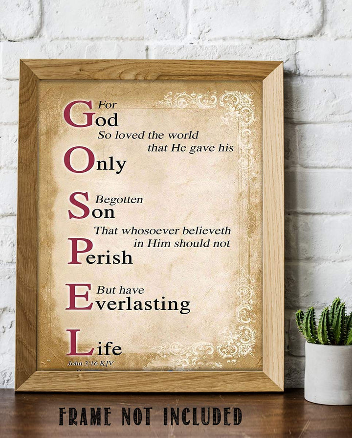 Gospel Sign- For God So Loved the World- John 3:16-Bible Verse Wall Art. 8 x 10"-Scripture Wall Print-Ready to Frame. Distressed Typographic-Parchment Design. Home-Office-Church D?cor. Best Verse!
